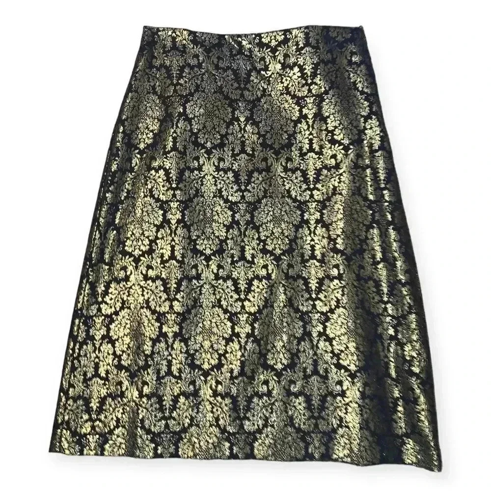 Worthington Womens Skirt 4 Black Gold Metallic Baroque Midi A-Line Side Zip